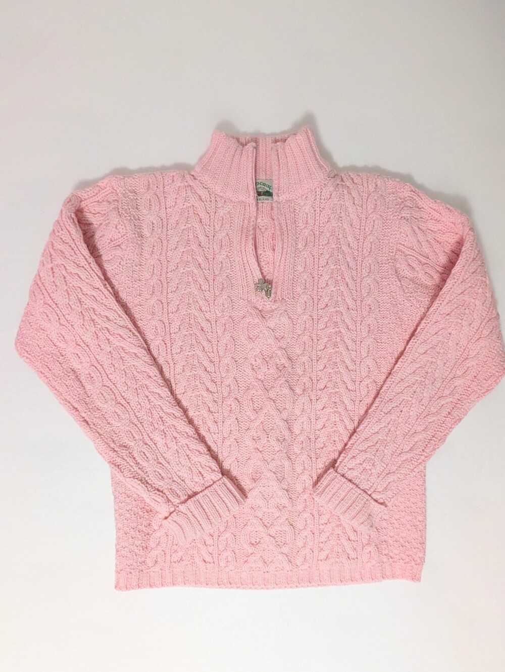 Aran Crafts Pink Cabled Wool Knit 1/4 Zip Sweater